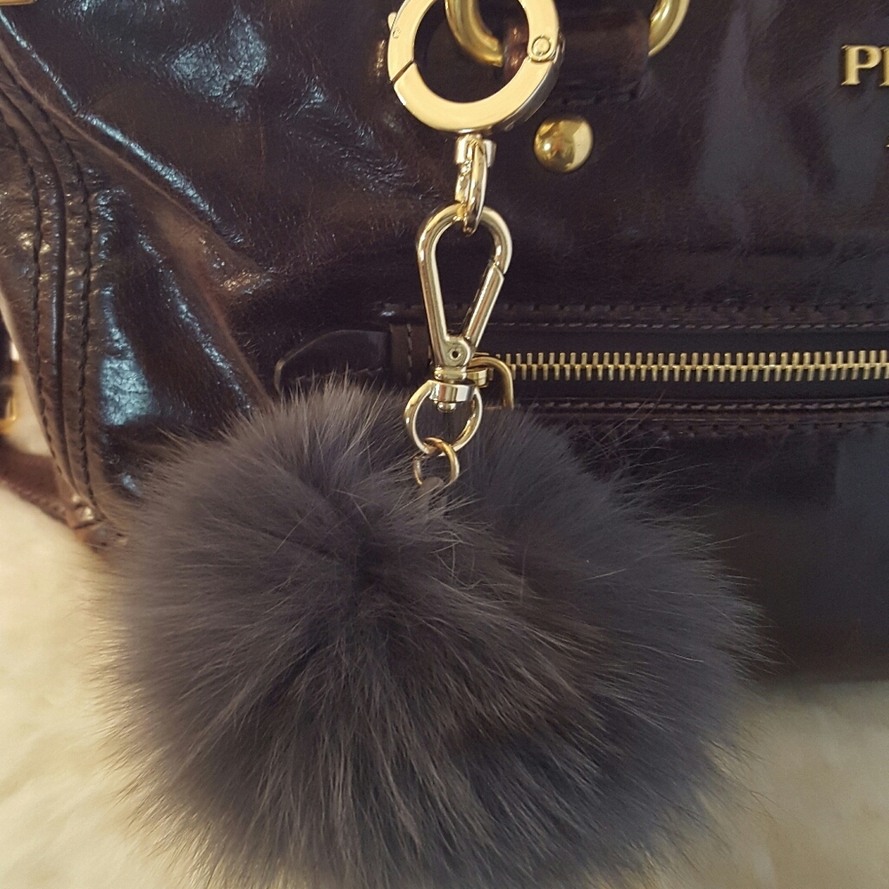 Genuine Fox Fur Gray Bag Pom Pom  Accessory. Bag/ Key Charm. 4in